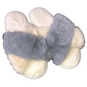 Fox Fur Fuzzy Cross-Band Open Toe Slippers House Shoes Light Gray Apricot 7-8